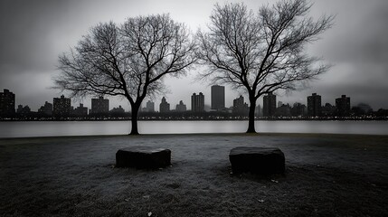 Poster - Gloomy black and white cityscape featuring barren trees against a tranquil lake and urban skyline in winter : Generative AI