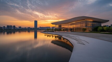 Poster - Modern Architectural Design of a Cultural Center with a Reflective Lake at Sunset Enhancing the Skyline : Generative AI