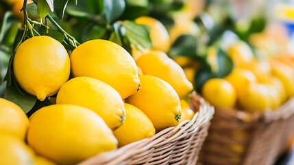 Poster - Fresh Lemons Piled in a Basket at a Vibrant Market Displaying Nature's Bright Yellow Produce : Generative AI