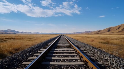 Poster - Expansive railway tracks stretching towards mountains under a clear blue sky : Generative AI