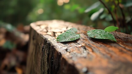 Poster - Close up view of fresh green leaves resting on a rustic wooden log in a serene forest setting : Generative AI