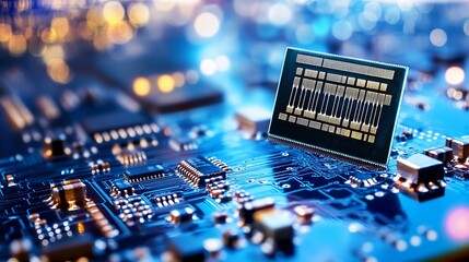 Aufkleber - Close up view of a high tech microchip on a circuit board with bright bokeh background : Generative AI