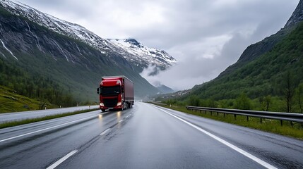 Poster - Vibrant Red Truck Driving Through Dramatic Mountain Landscape on Rainy Day : Generative AI