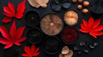 abstract autumnal composition with red and black leaves and geometric patterns