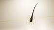 © ATKWORK888 - 3D illustration of a black hair strand penetrating golden serum bubble surrounded by small particles, ideal for hair care and cosmetic concepts.