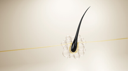 3d illustration of a black hair strand penetrating golden serum bubble surrounded by small particles