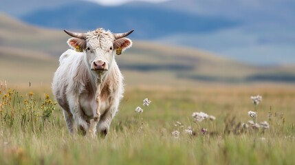 Poster - Curious white calf explores the green meadow under a bright blue sky : Generative AI