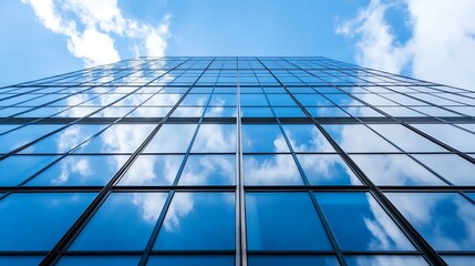 Poster - Glass Facade of a Modern Building Under Blue Sky with Clouds : Generative AI