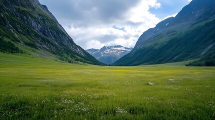 Poster - Breathtaking view of a vibrant green valley surrounded by majestic mountains under a bright blue sky : Generative AI