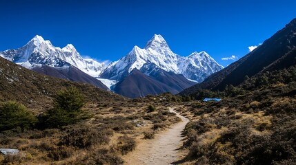Aufkleber - Majestic view of towering snowcapped mountains against a clear blue sky with a winding trail in the foreground : Generative AI