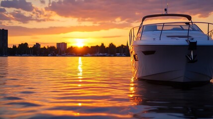 Poster - Serene Sunset Over Calm Waters with a Luxury Boat Anchored in the Bay : Generative AI