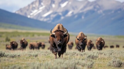 Aufkleber - Herd of bison walking majestically across the plains with mountains in the background showcasing wildlife : Generative AI