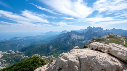 Poster - Breathtaking panoramic view of majestic mountains and blue sky with vibrant clouds : Generative AI