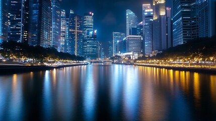 Poster - Stunning night view of a vibrant city skyline with illuminated buildings and a reflective river : Generative AI