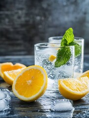 Aufkleber - Refreshing summer drink with lemon slices and mint leaves garnished with ice in glasses : Generative AI