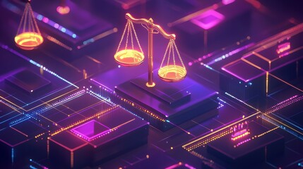 Poster - Golden scales of justice on a vibrant digital circuit board background.