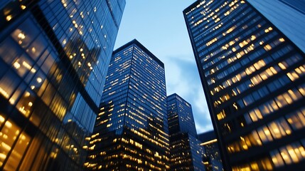 Poster - Impressive skyline architecture with illuminated office buildings glowing beautifully against the evening sky : Generative AI