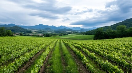 Poster - Expansive Vineyard Landscape with Lush Green Grapevines Against a Dramatic Cloudy Sky and Rolling Mountains : Generative AI