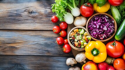 Poster - Colorful assortment of fresh vegetables and salad ingredients arranged on a wooden table : Generative AI