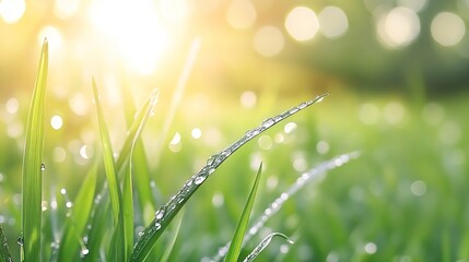 Aufkleber - Morning sunlight illuminating fresh green grass with dew drops creating a tranquil and serene landscape : Generative AI
