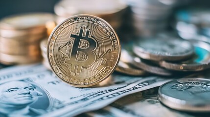 Poster - Closeup view of a physical Bitcoin coin on a pile of various currency notes and coins : Generative AI