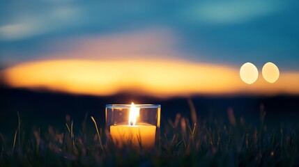 Leinwandbilder - Warm glowing candle in the grass at dusk with a beautiful sunset in the background : Generative AI