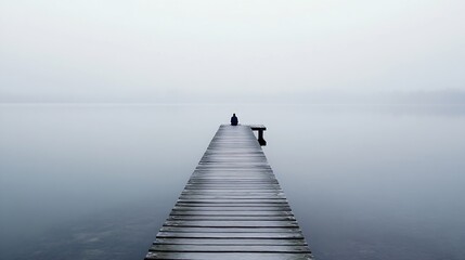 Poster - Lonely Figure Sitting on a Wooden Dock Overlooking a Misty Lake : Generative AI