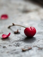 Aufkleber - Single glistening cherry on a textured surface surrounded by delicate petals : Generative AI