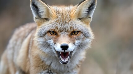 Poster - A fierce closeup of a fox with an intense gaze and bared teeth exhibiting natural wild beauty : Generative AI