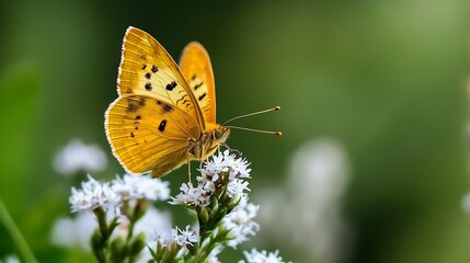 Aufkleber - Closeup of a vibrant yellow butterfly perched on delicate white flowers with soft background in nature : Generative AI
