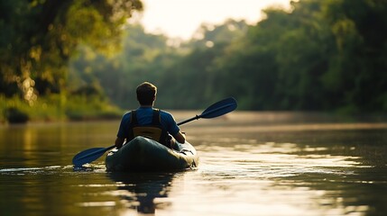 Aufkleber - Adventurer Kayaking on a Tranquil River Surrounded by Lush Green Forest at Sunset : Generative AI