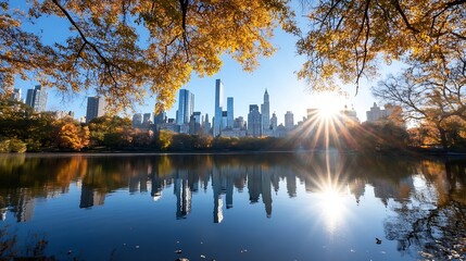 Aufkleber - Breathtaking skyline view of Central Park in autumn sunlight illuminating tranquil lake waters : Generative AI