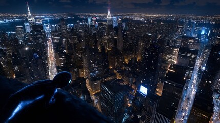 Poster - Stunning aerial view of a vibrant city skyline at night showcasing bright lights and urban landscape : Generative AI