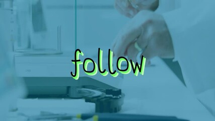 Poster - Working in laboratory, hands handling equipment with text animation overlay
