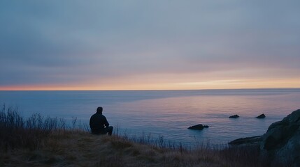 Aufkleber - Serene Sunset Over Calm Ocean with Solitary Man Enjoying the Tranquil View : Generative AI