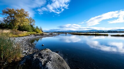 Poster - Serene river scene under a stunning sky with vibrant clouds and lush greenery by the water's edge : Generative AI