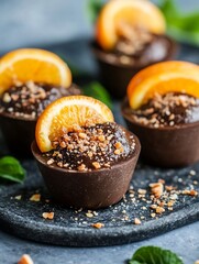 Poster - Delicious Chocolate Cups Topped with Orange Slices and Nuts on a Slate Platter : Generative AI