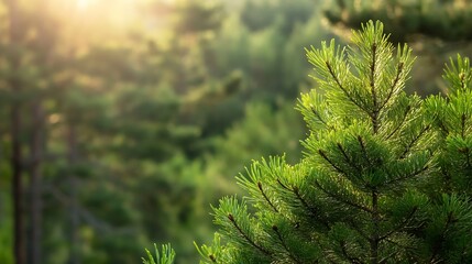 Poster - Lush green evergreen trees basking in the sunlight creating a vibrant forest scene in nature : Generative AI