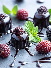 Poster - Delicious dark chocolate dessert topped with fresh blackberries and mint leaves on a stylish surface : Generative AI