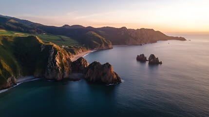Poster - Breathtaking aerial view of rocky coastline during sunset with vibrant sky : Generative AI