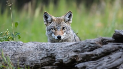 Poster - Watchful coyote peering from behind a log amidst tall grass in a natural setting illustrating wildlife behavior : Generative AI