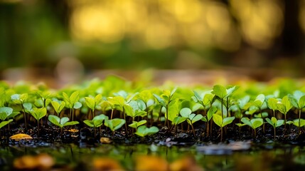 Poster - Vibrant Close Up of Young Healthy Green Seedlings Emerging from the Soil in Soft Light : Generative AI