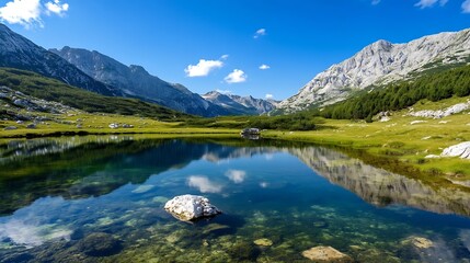 Poster - Stunning mountain landscape reflecting in a serene lake surrounded by lush greenery : Generative AI
