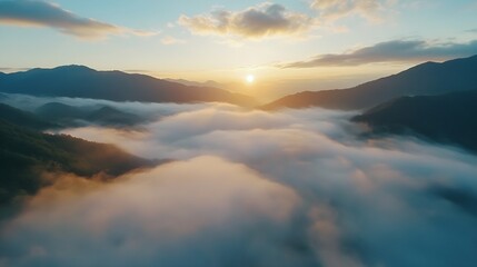 Aufkleber - Breathtaking aerial panorama of mountains shrouded in clouds during a stunning sunset overlooking the horizon : Generative AI