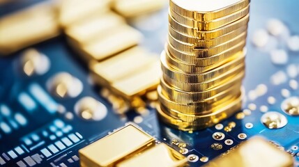Aufkleber - Close up of golden coins stacked on a circuit board representing digital currency and financial technology : Generative AI