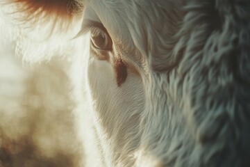 Aufkleber - Close-up view of a cows gentle face illuminated by warm sunlight in a serene rural setting on a farm