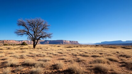 Poster - Lone Leafless Tree in a Beautiful Dry Landscape Under Clear Blue Sky : Generative AI