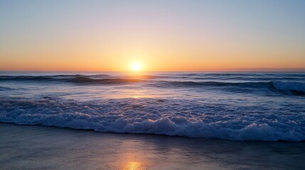 Poster - Golden sun setting over ocean waves highlighting serene beach landscape at dusk : Generative AI