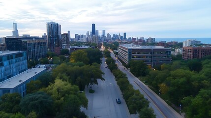 Poster - Stunning Aerial View of Chicago Cityscape with Urban Streets and Green Spaces : Generative AI