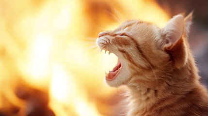 Aufkleber - Cute ginger cat yawning widely with fire in background creating a dramatic and playful scene : Generative AI